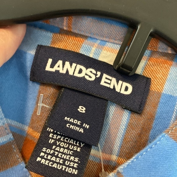 Lands End Flannel Shirt Plaid Orange Blue Popover cotton Long Roll Tab Sleeve 8 - Picture 8 of 10